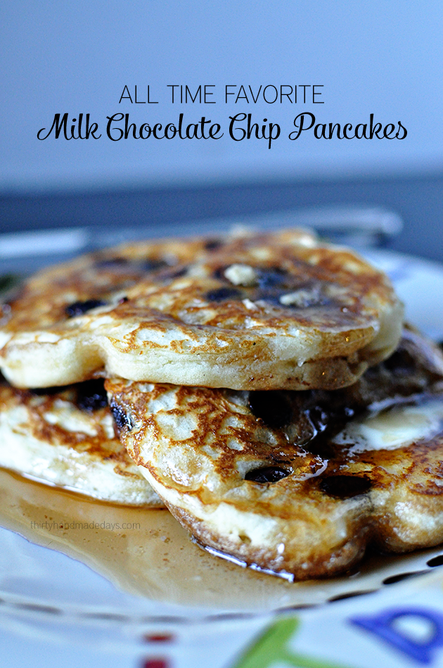 All Time Favorite Milk Chocolate Chip Pancakes - they are so good and fluffy! A must try recipe. 