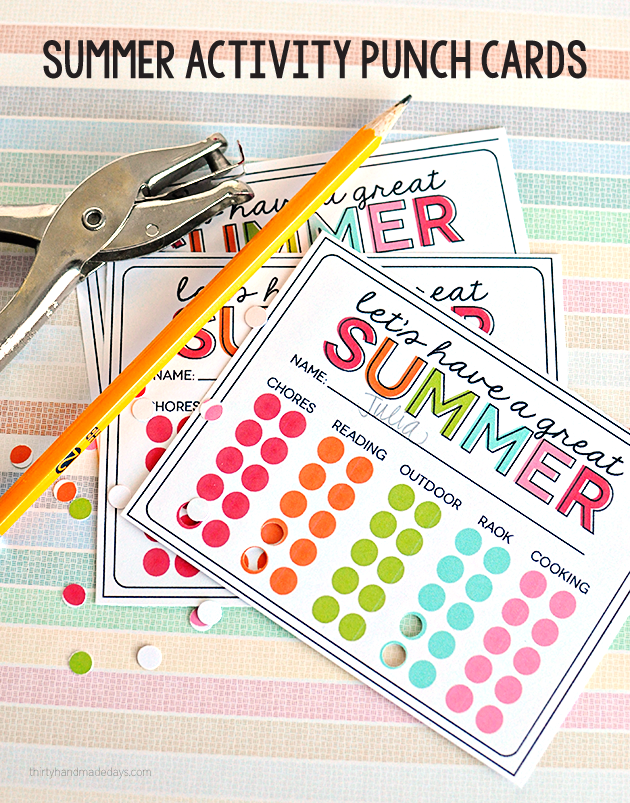 Summer Activity Punch Cards to prevent "Mom I'm bored" all summer long! Print out and get punching. www.thirtyhandmadedays.com