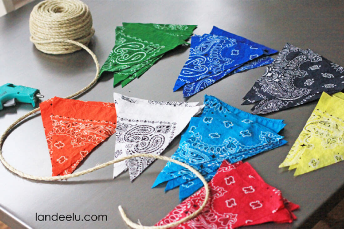 Easy DIY Bandana Party Banner  - stacks of flags for banners.