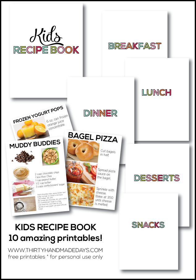 Make a kids recipe book for your family-  with pictures and text to help all kids cook in the kitchen!  10 free printables. 