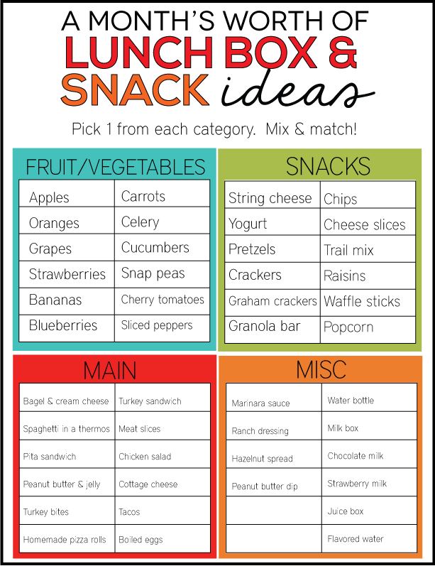 A month's worth of lunch box and snack ideas - mix and match! 