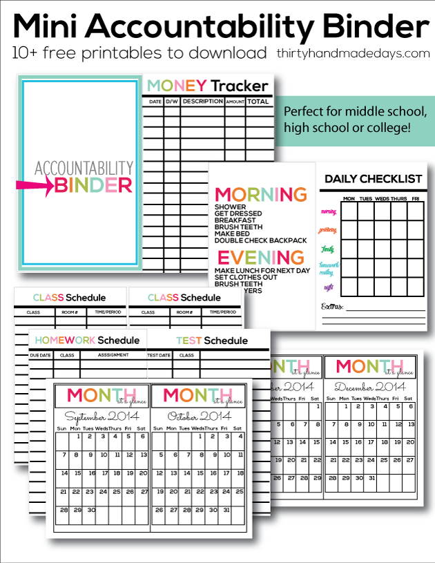 Printable Mini Accountability Binder - perfect for junior high, high school and college students!  |  Thirty Handmade Days