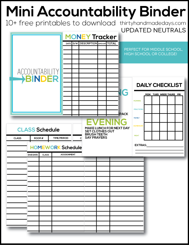 Mini Accountability Binder neutral colors - perfect for middle school, college students and older kids to help be accountable! 