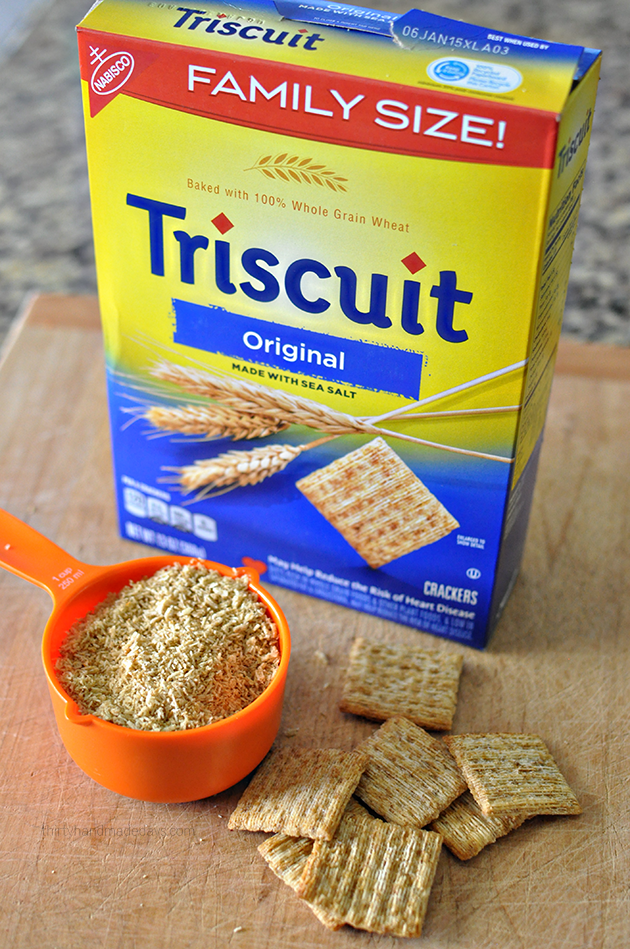 Making breadcrumbs out of Triscuit Crackers 