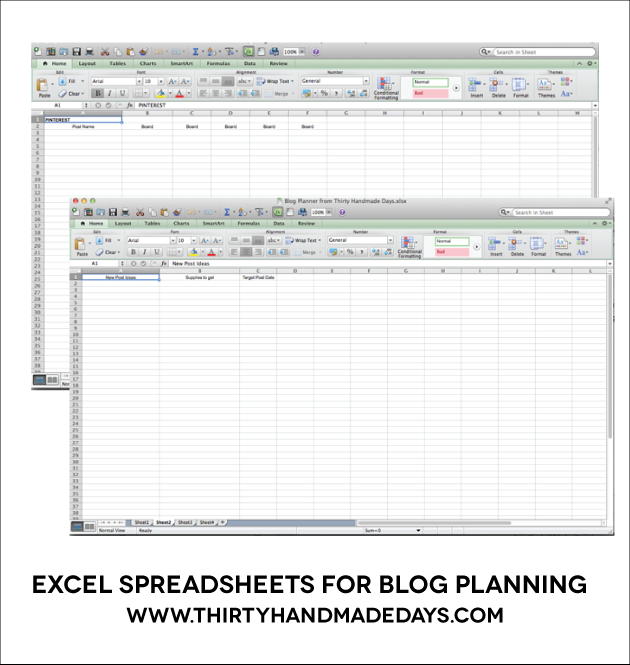 Excel Spreadsheet for blog planning from www.thirtyhandmadedays.com