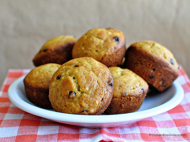 Secret Ingredient Chocolate Chip Pumpkin Muffins from Thirty Handmade Days