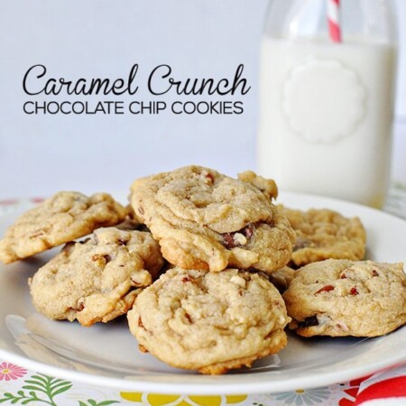 A yummy twist on a classic chocolate chip recipe - caramel and crunch make these cookies all the better. www.thirtyhandmadedays.com