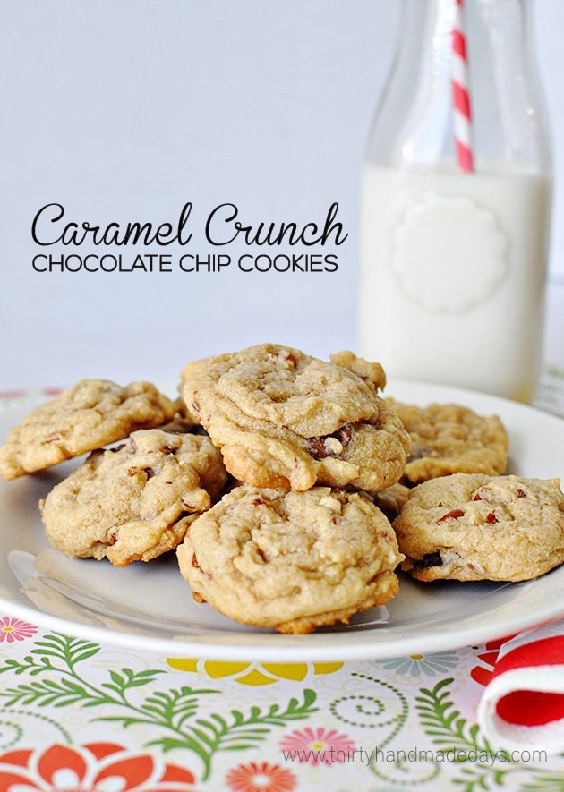 A yummy twist on a classic chocolate chip recipe - caramel and crunch make these cookies all the better. www.thirtyhandmadedays.com