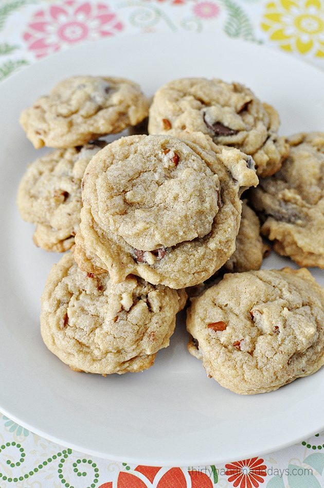 A yummy twist on a classic chocolate chip recipe - caramel and crunch make these cookies all the better. 