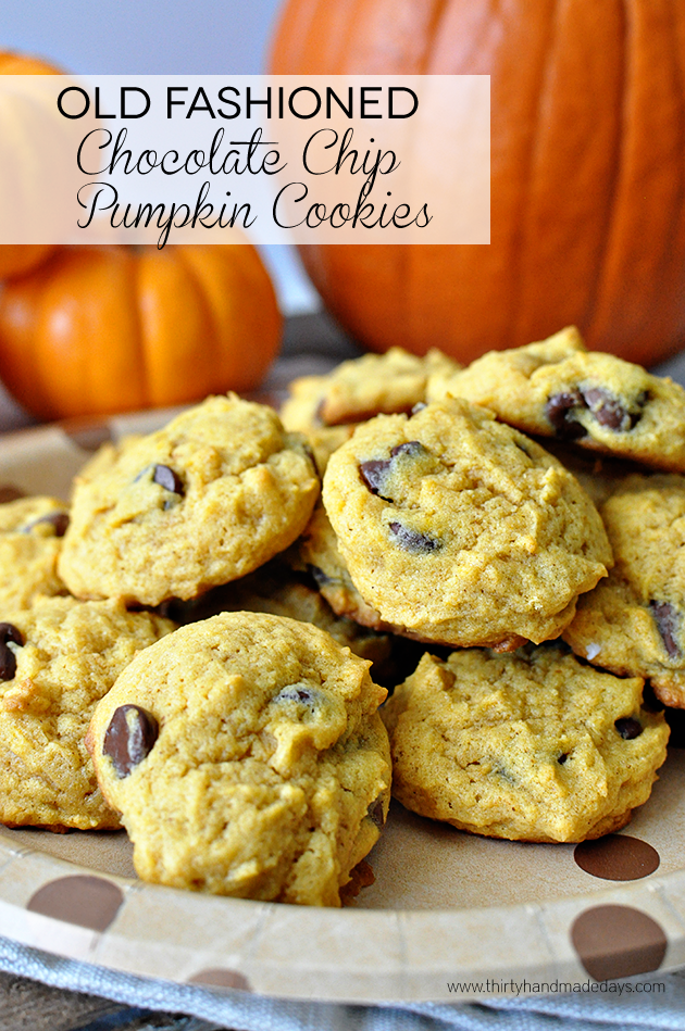 Old Fashioned Chocolate Chip Pumpkin Cookies - my favorite! Perfect for fall. www.thirtyhandmadedays.com