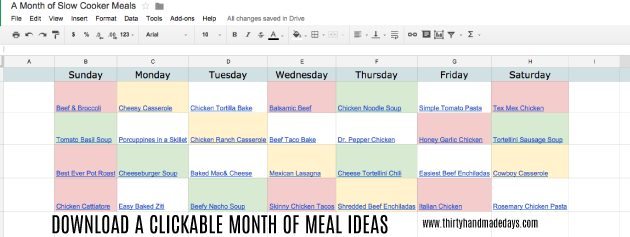 Awesome downloadable meal ideas with clickable links from www.thirtyhandmadedays.com