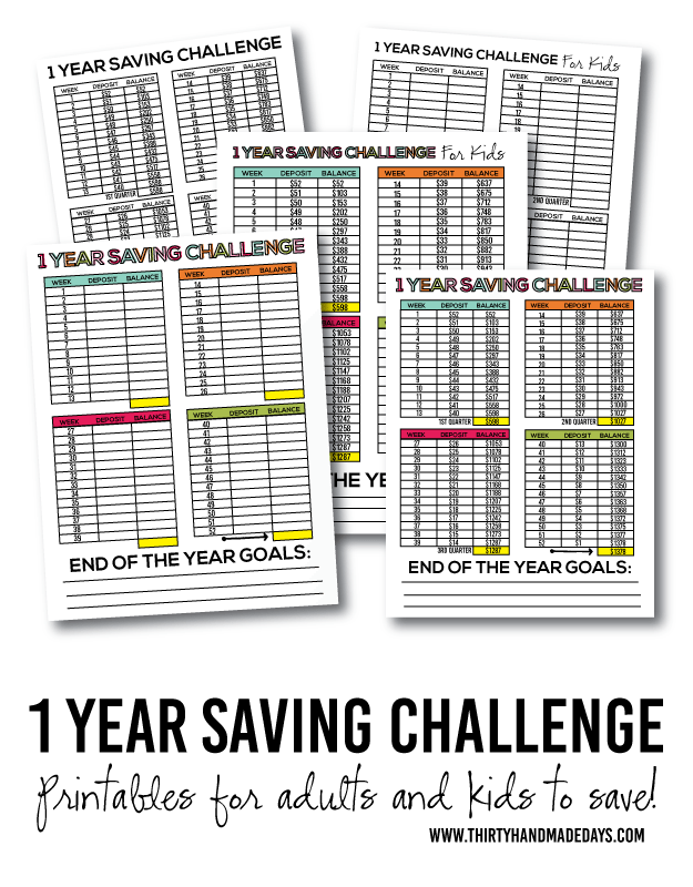 1 year saving challenge for adults and kids! Start the new year out right with saving and teach your kids to do the same. With tips and free printables included. www.thirtyhandmadedays.com