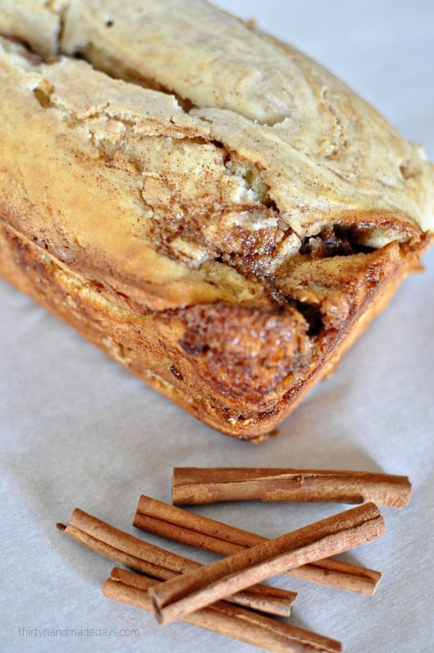 Easy to make quick bread- Cinnamon Roll Bread. The perfect bread for the holidays or anytime of year! Thirty Handmade Days