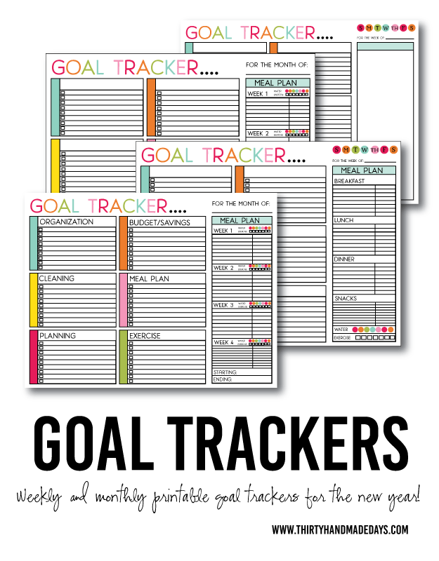 Printable Goal Trackers - sheets to help you track your goals for the new year. Or any time of year! Featuring weekly and monthly, blank and with titles | Thirty Handmade Days. 