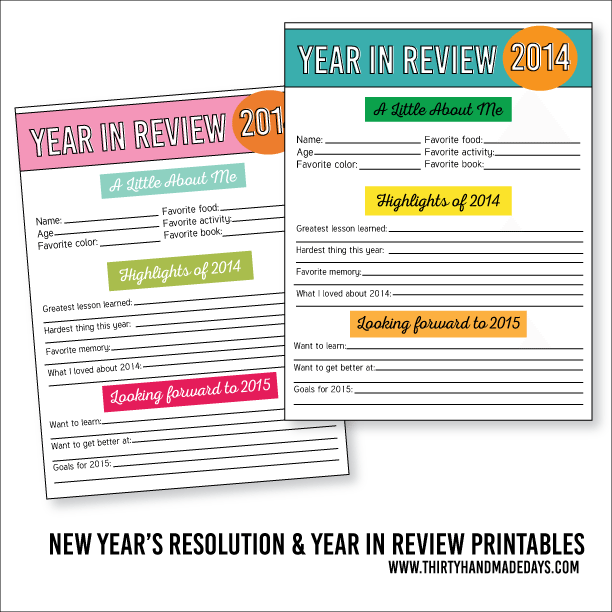 Printable New Year's Resolutions and Year in Review 2015 www.thirtyhandmadedays.com