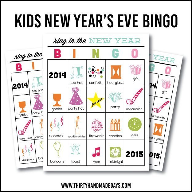 Printable New Year's Eve BINGO Sheets for Kids www.thirtyhandmadedays.com