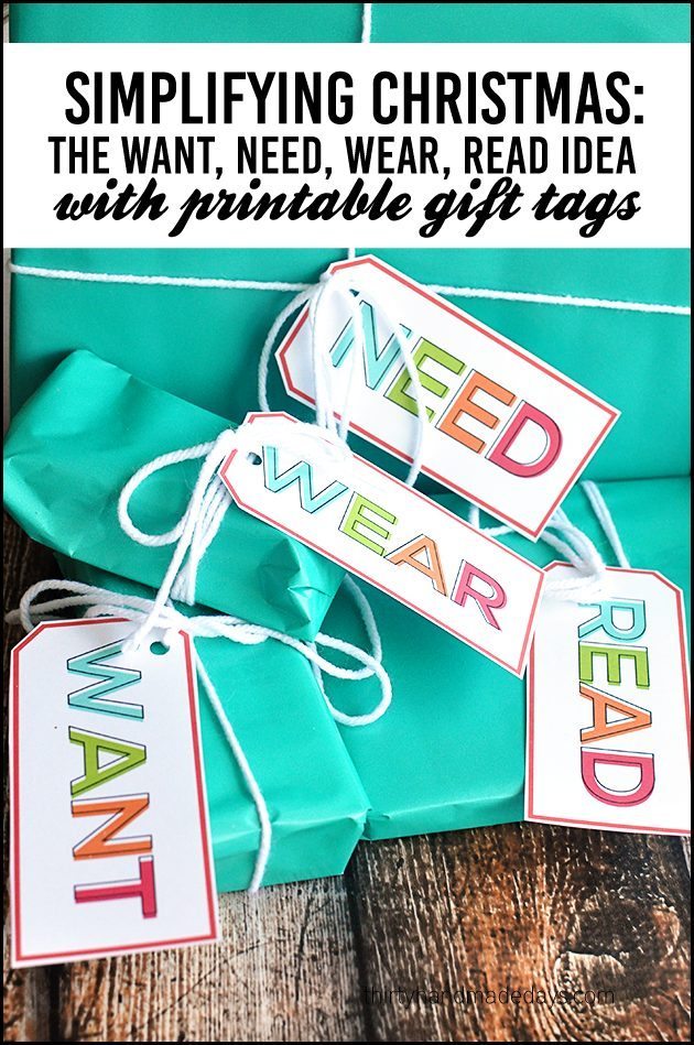 Simplifying Christmas - the Want, Need, Wear, Read idea with cute printable gift tags www.thirtyhandmadedays.com