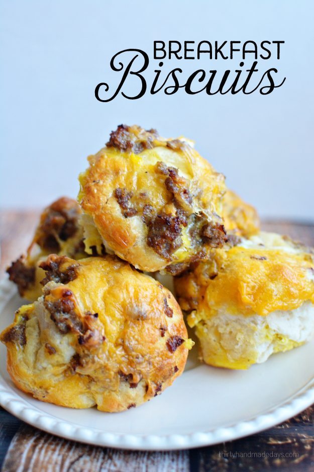 Super easy to make Breakfast Biscuits - cheesy, sausage, biscuit goodness! www.thirtyhandmadedays.com