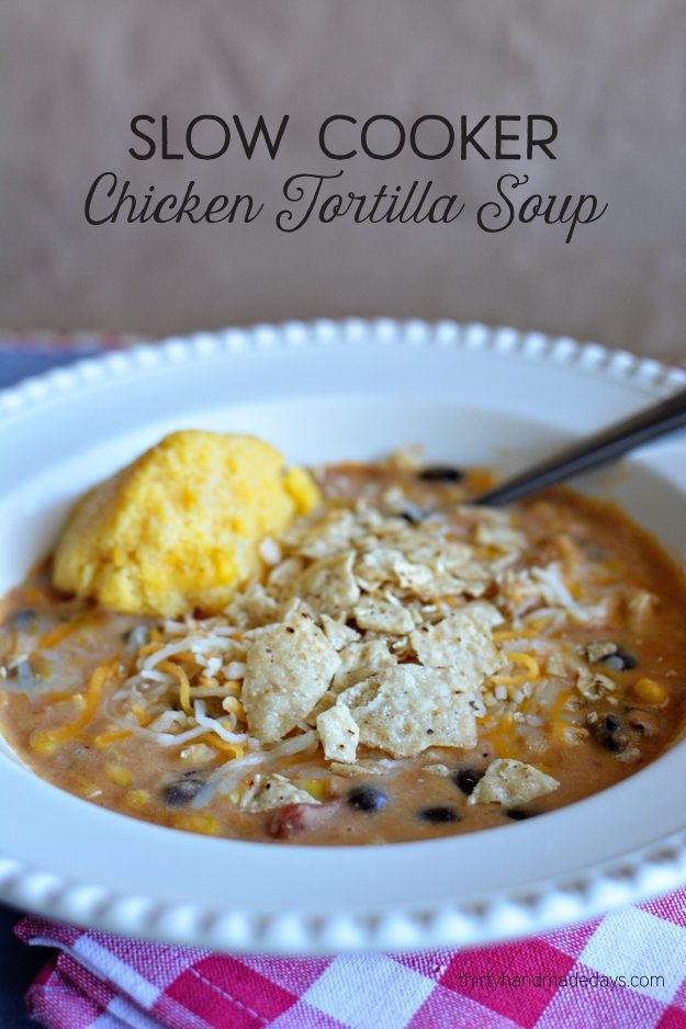 Slow Cooker Chicken Tortilla Soup - simple to make and tastes amazing. A favorite slow cooker recipe! www.thirtyhandmadedays.com