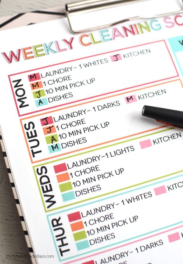 A Simple List to Keep Your Home Clean: Printable Weekly Cleaning Schedule. Thirty Handmade Days