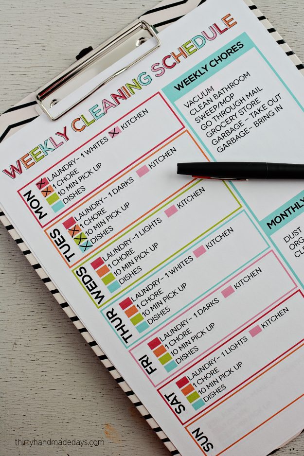 A Simple List to Keep Your Home Clean: Printable Weekly Cleaning Schedule. | Thirty Handmade Days