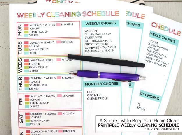 A Simple List to Keep Your Home Clean: Printable Weekly Cleaning Schedule from wwwthirtyhandmadedays.com