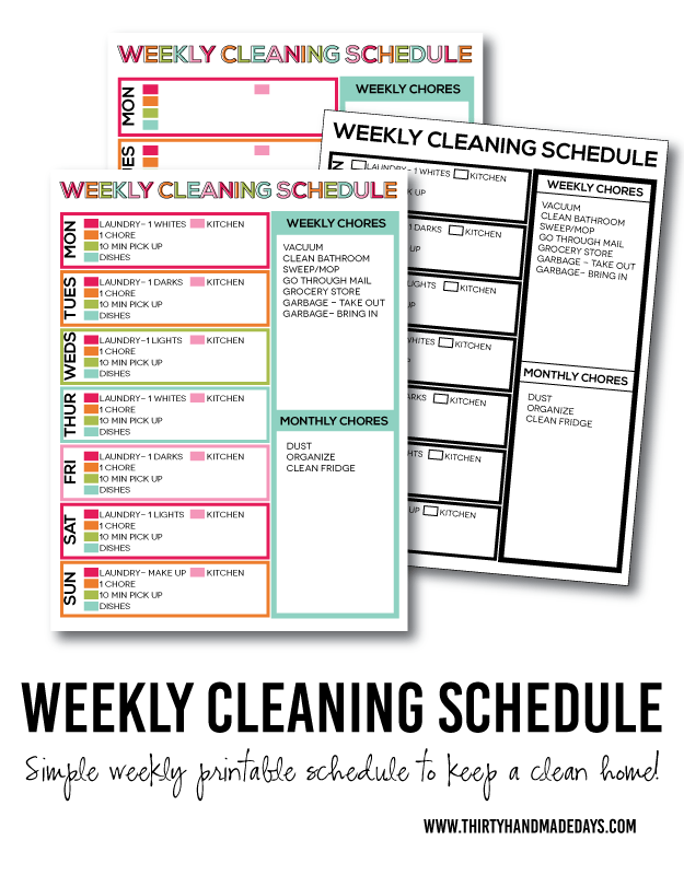 A Simple List to Keep Your Home Clean: Printable Weekly Cleaning Schedule from thirtyhandmadedays.com