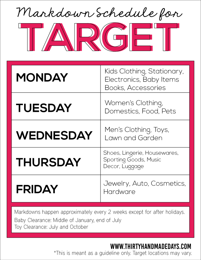 Target Markdown Schedule for saving money from www.thirtyhandmadedays.com