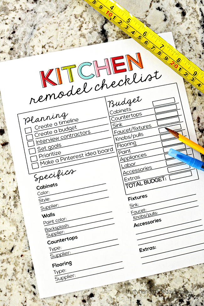 Printable Kitchen Remodel Checklist from www.thirtyhandmadedays.com