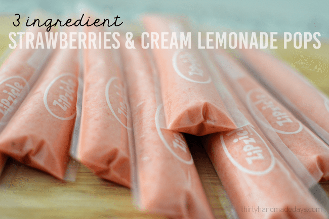 3 Ingredient Creamy Strawberry Lemonade Pops from thirtyhandmadedays.com