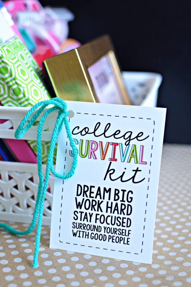 College Survival Kit with printables - cute gift idea for someone on their way to college thirtyhandmadedays.com