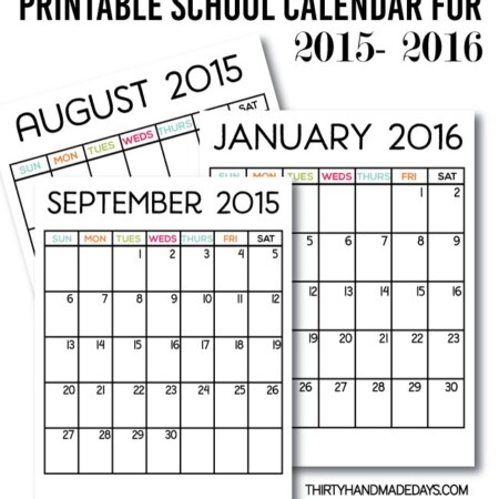 Printable School Calendar for 2015-2016 from www.thirtyhandmadedays.com