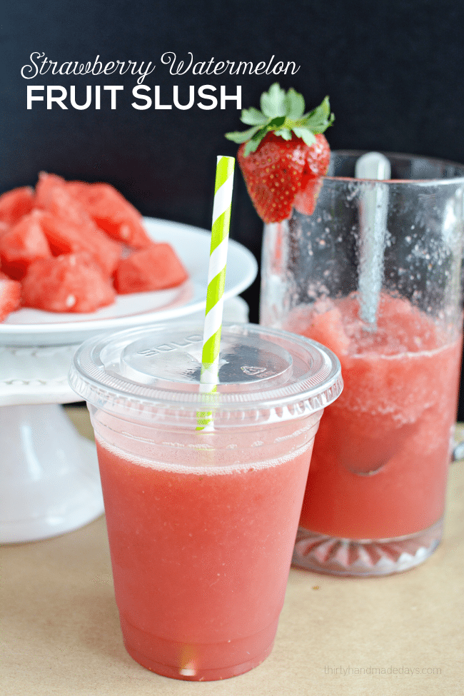 Make a refreshing Strawberry Watermelon Slush from thirtyhandmadedays.com