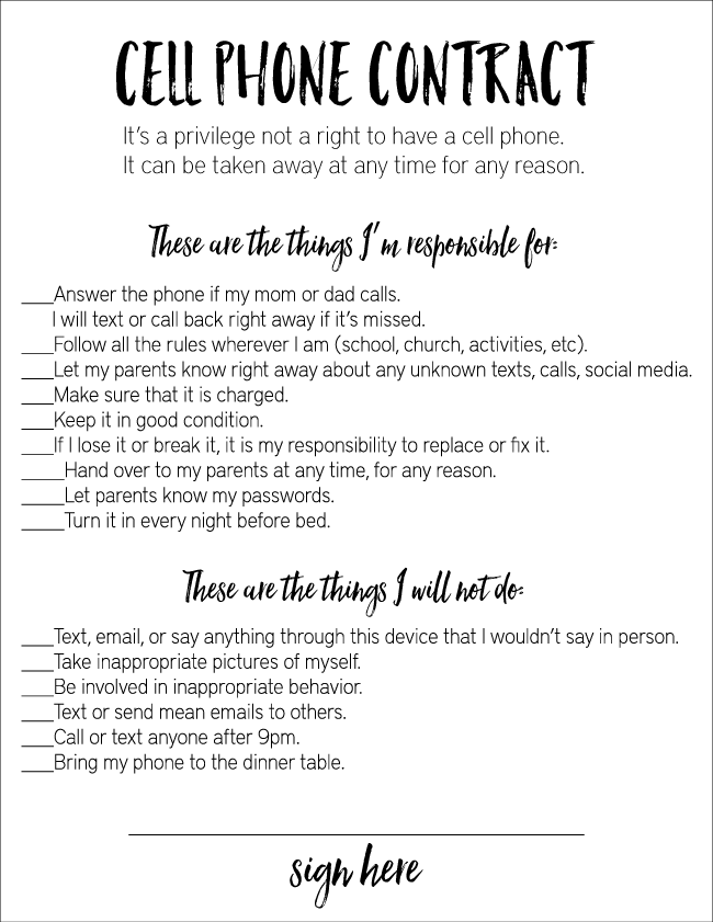 Cell phone contract - an awesome guideline for kids technology. Print it out from www.thirtyhandmadedays.com