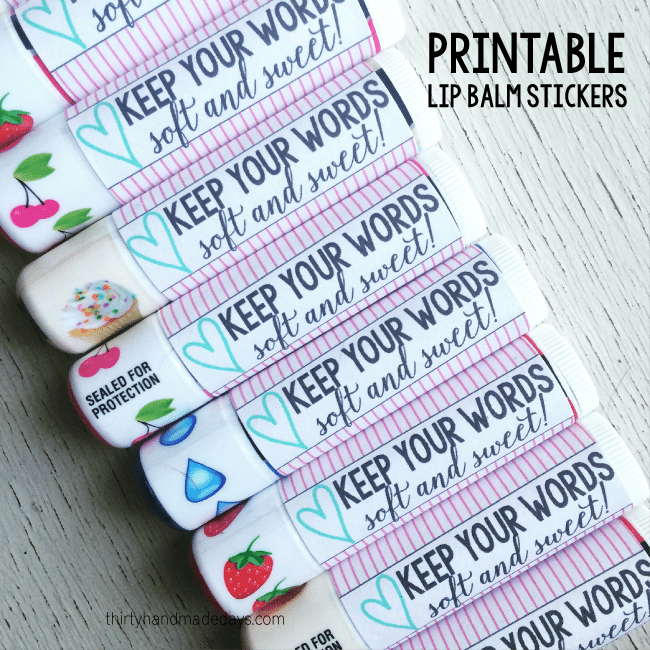 Printable lip balm stickers from www.thirtyhandmadedays.com