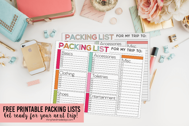 Printable packing lists - perfect to use for your next trip! www.thirtyhandmadedays.com