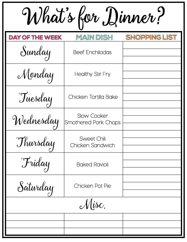 Printable Weekly Meal Plan, Week 4