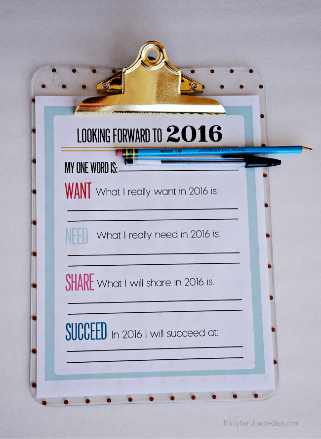 2016 Printable New Year's Resolutions and Goals www.thirtyhandmadedays.com