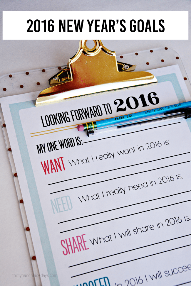 2016 Printable New Year's Resolutions and Goals www.thirtyhandmadedays.com