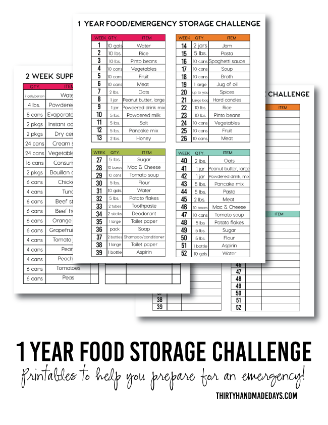 1 Year Food Storage Challenge with printables from www.thirtyhandmadedays.com