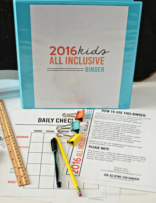 2016 All Inclusive Kids Binder- perfect for getting kids organized, responsible and independent from www.thirtyhandmadedays.com