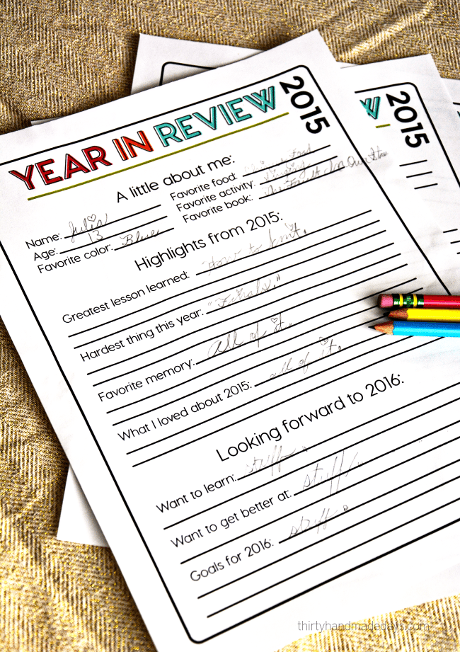 2015 Printable Year in Review for New Year's Resolutions www.thirtyhandmadedays.com