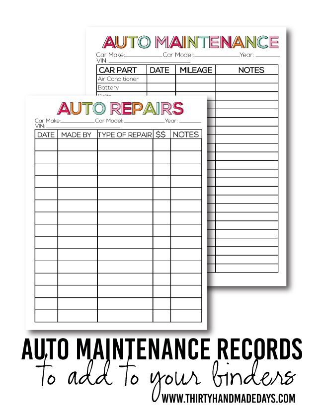 Printable Auto Maintenance Records from www.thirtyhandmadedays.com