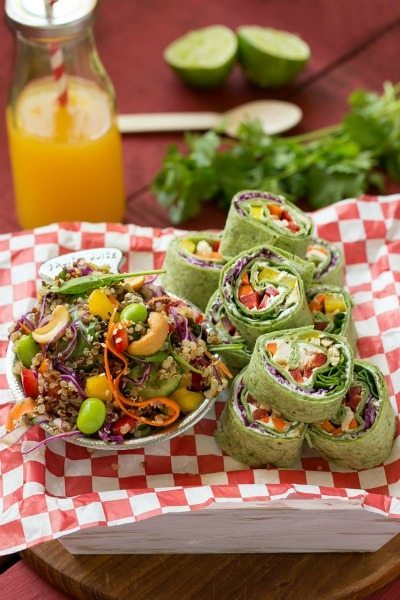 RAINBOW VEGGIE PINWHEELS & SESAME LIME QUINOA SALAD from Dinner At The Zoo / round up on ThirtyHandmadeDays.com