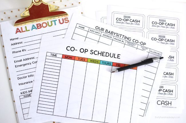 How to set up a babysitting co-op with free printables via thirtyhandmadedays.com