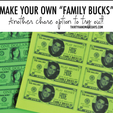 Make your own family bucks - a chore option to try out from www.thirtyhandmadedays.com