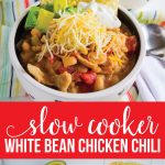 Slow Cooker White Bean Chicken Chili Recipe - a healthy recipe that your whole family will love. Shown with all of the toppings from www.thirtyhandmadedays.com