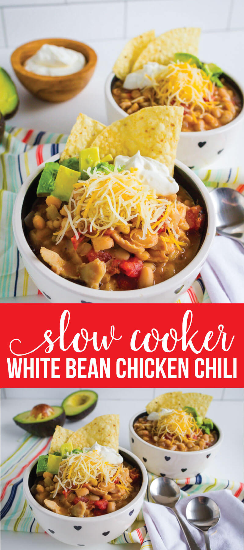 Slow Cooker White Bean Chicken Chili Recipe - a healthy recipe that your whole family will love from www.thirtyhandmadedays.com