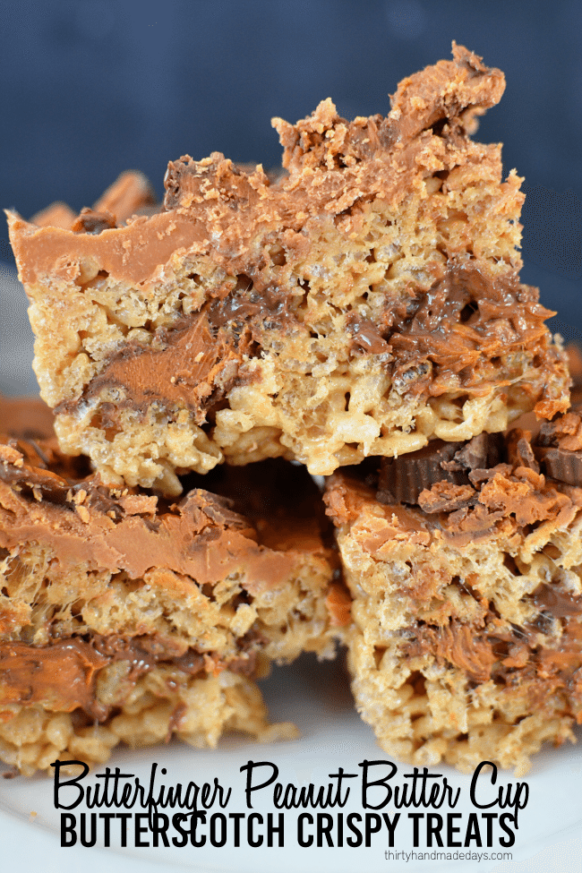 Butterfinger Peanut Butter Cup Butterscotch Rice Crispy Treats from www.thirtyhandmadedays.com