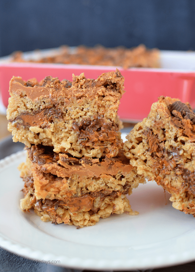 Butterfinger Peanut Butter Cup Butterscotch Rice Crispy Treats from thirtyhandmadedays.com